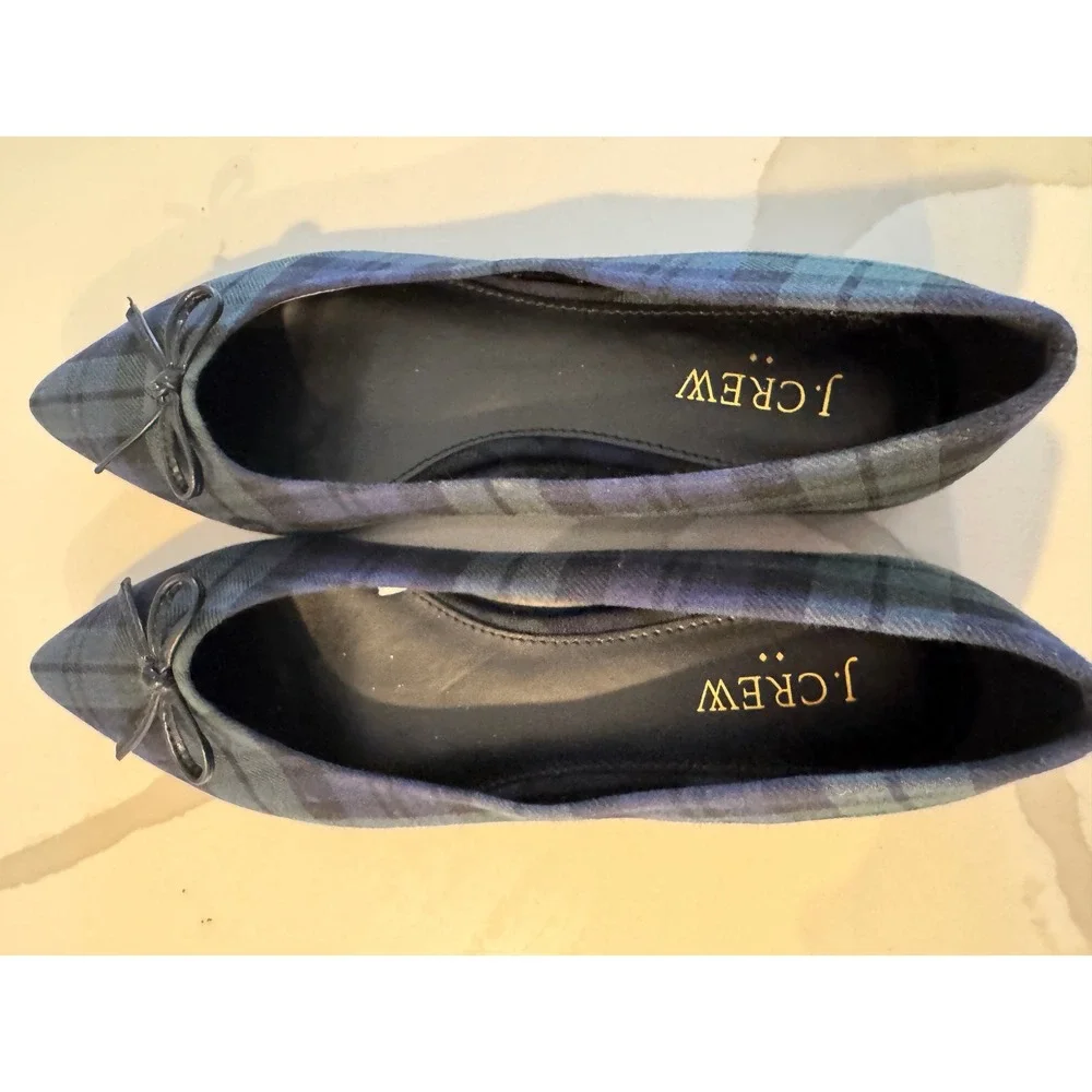 J.Crew Women Black Watch Plaid Pointed Toe Ballet Flats Blue Green Bow 7.5 M